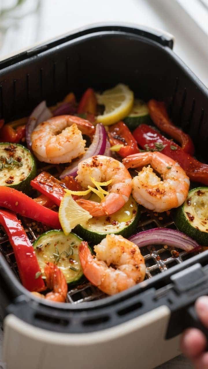Cooking process, close-up detail: Golden, just-cooked shrimp in an air fryer basket at 400°F, nestl