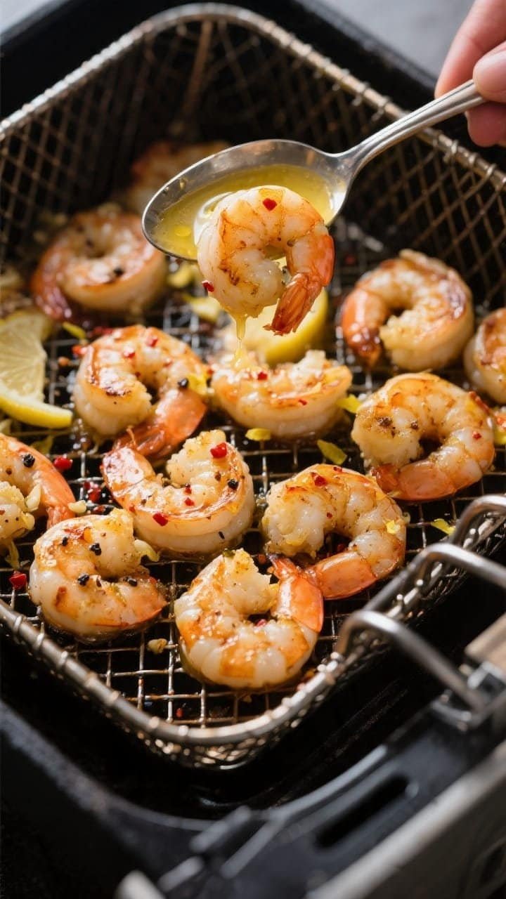 Cooking process, close-up detail: Golden, just-cooked shrimp scampi in an open air fryer basket at 4