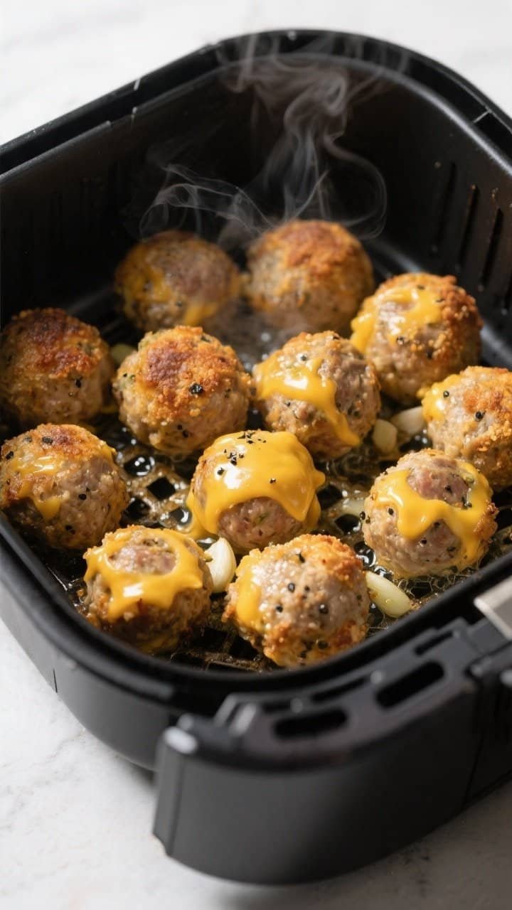 Cooking process, close-up detail: Golden keto sausage balls sizzling in an open air fryer basket at