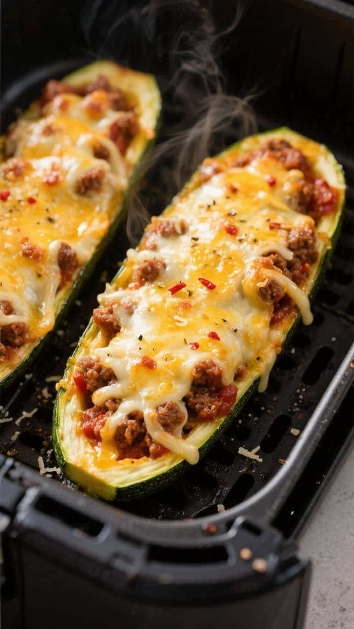 Cooking process, close-up detail: Golden, melty keto air fryer stuffed zucchini boats mid-cook insid