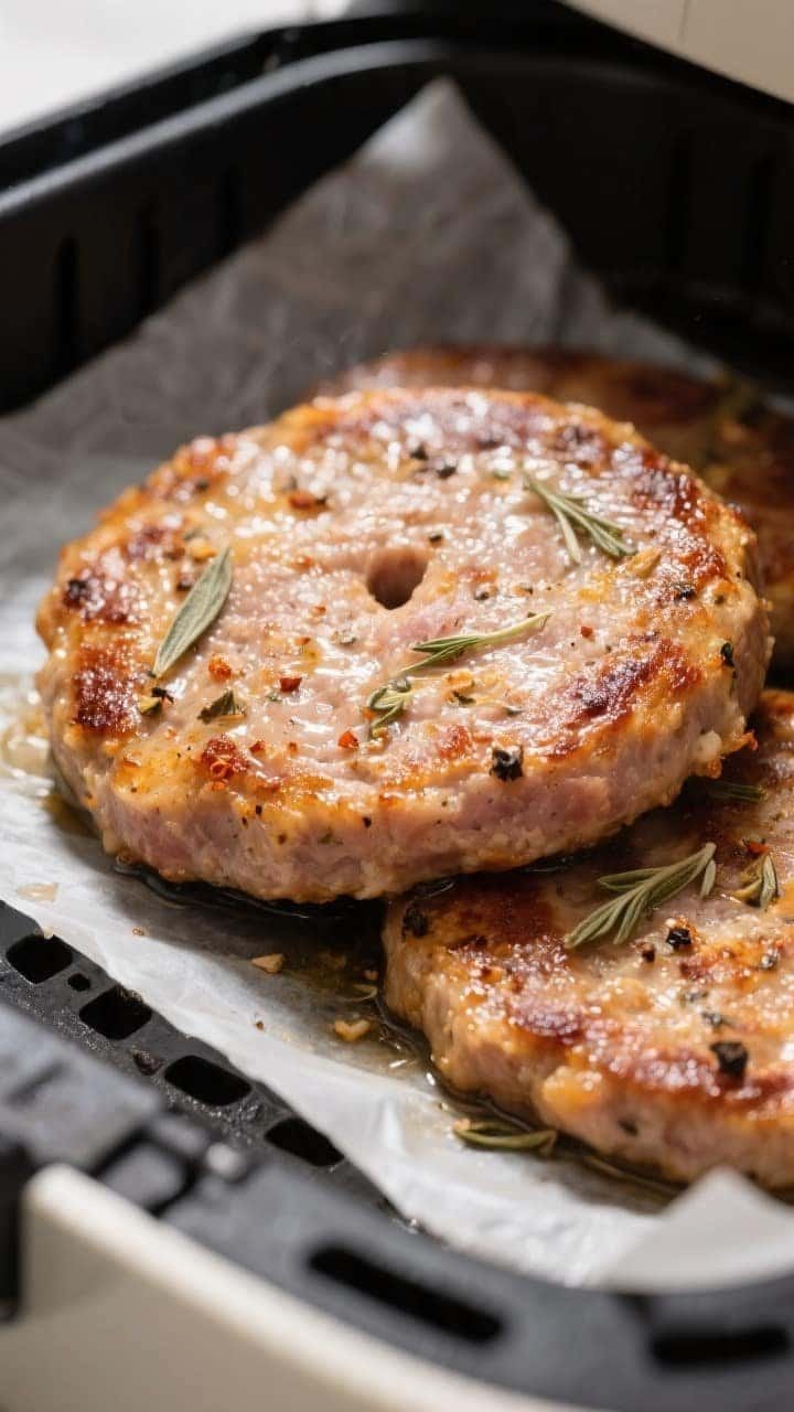 Cooking process, close-up detail: Sizzling keto breakfast sausage patties mid-cook in an air fryer b