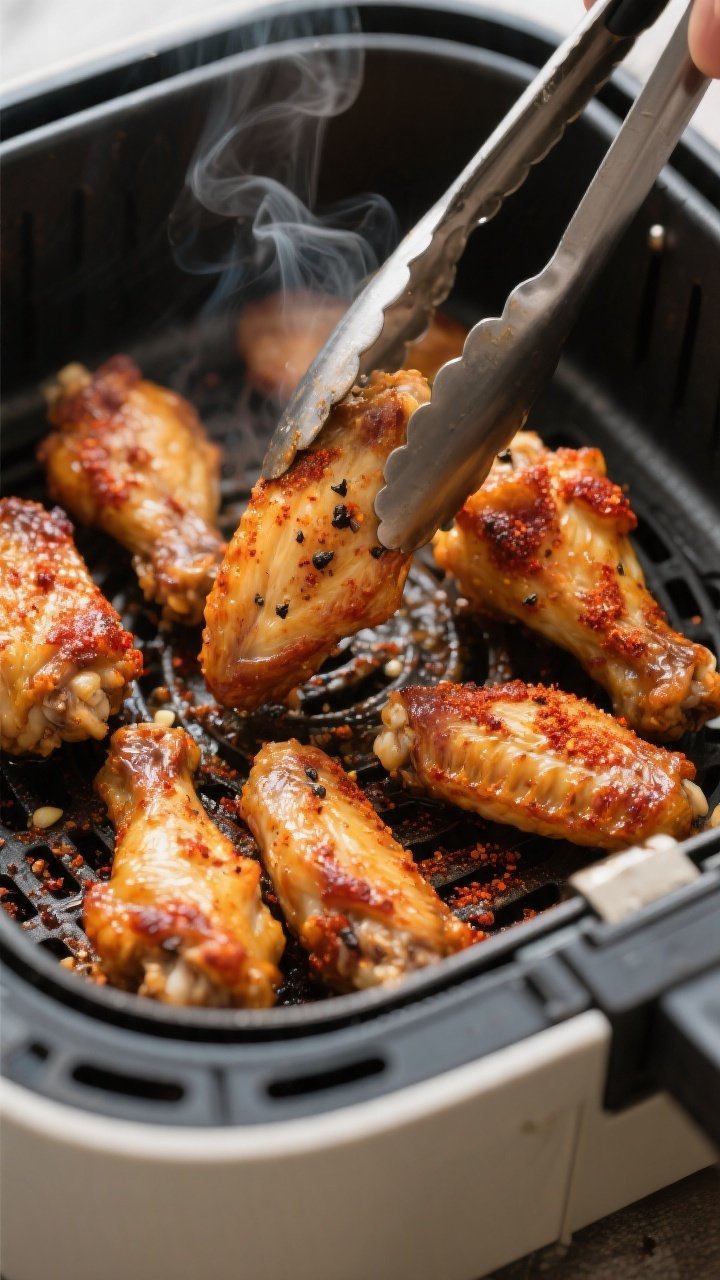 Cooking process close-up: Golden air fryer chicken wings mid-cook in a preheated basket at 400°F, a