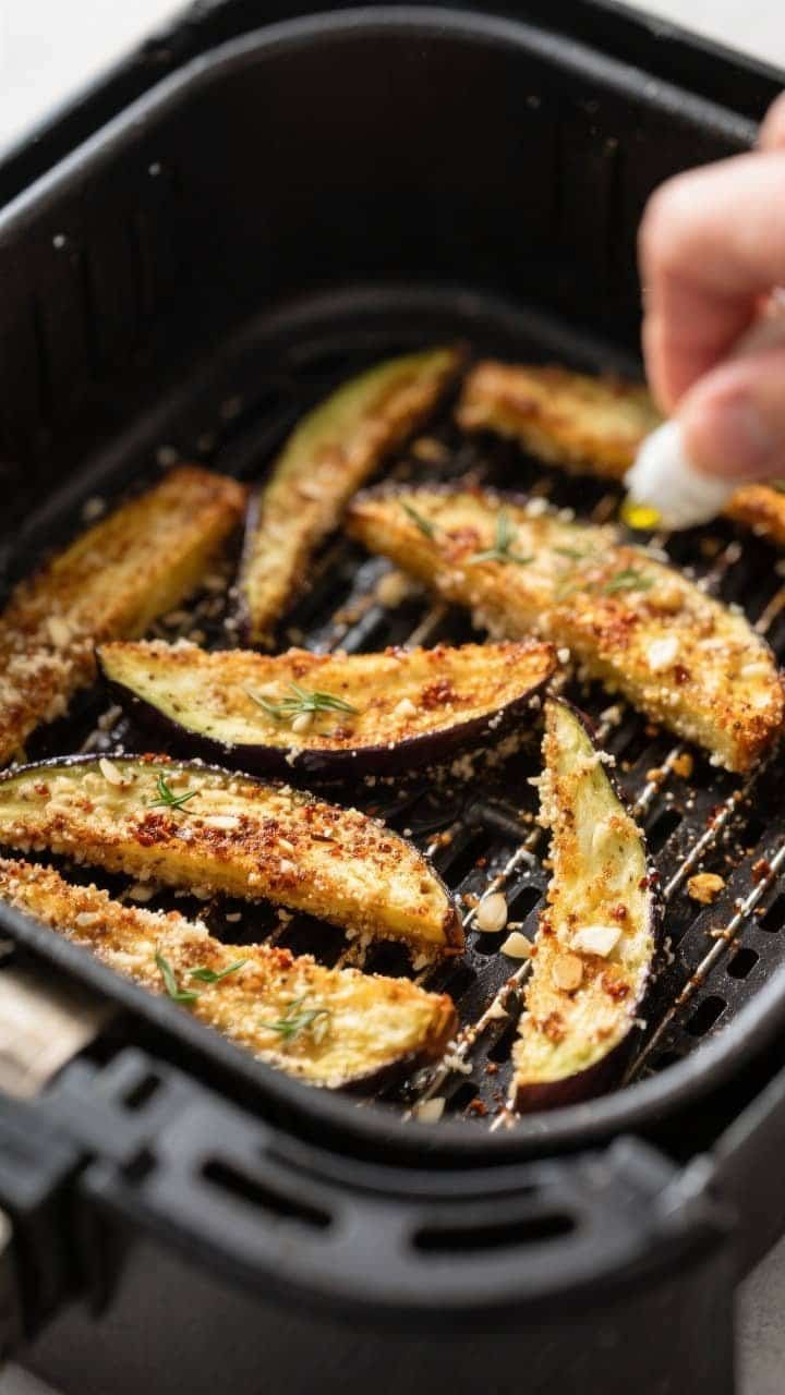 Cooking process close-up: Golden-brown keto eggplant fries sizzling in an air fryer basket mid-cook,