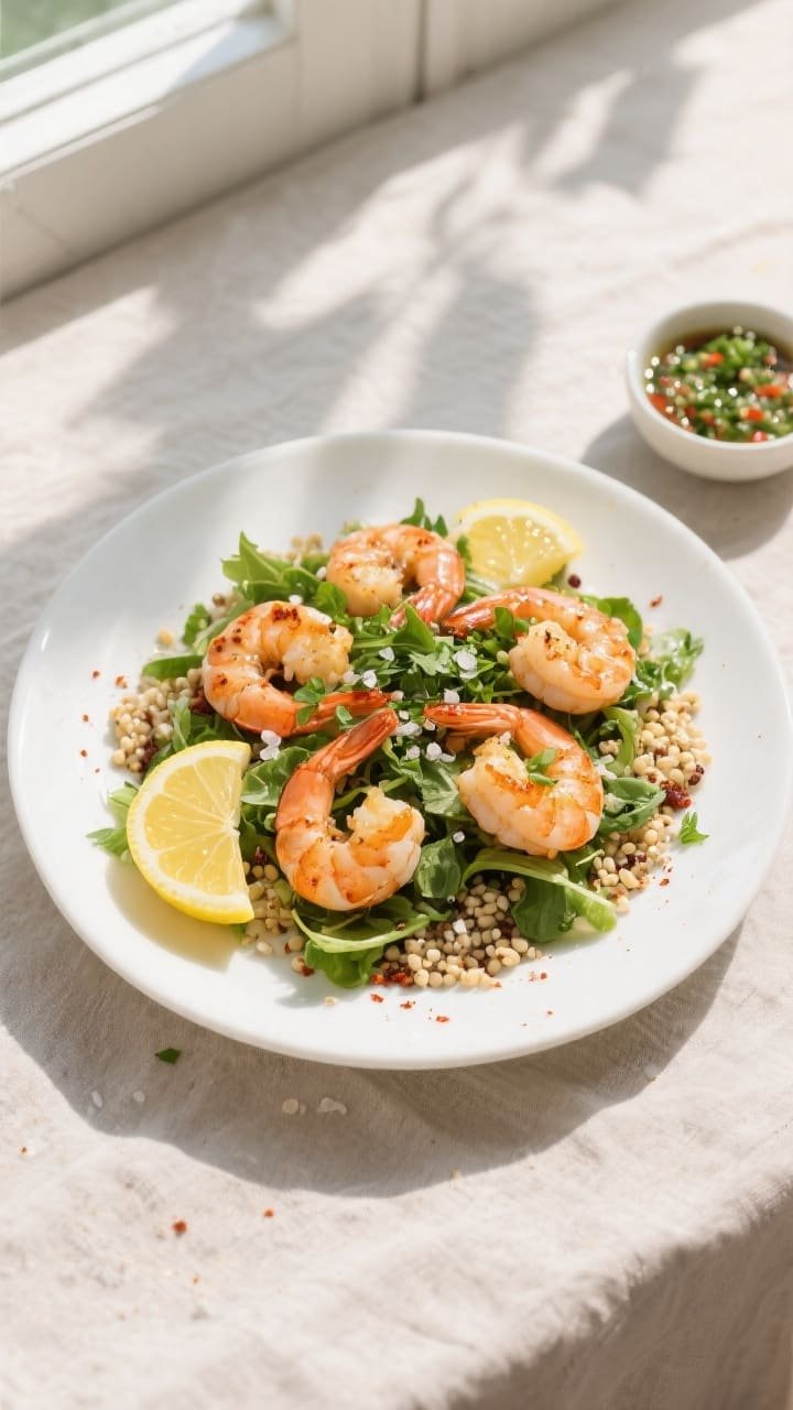 Final dish overhead: Restaurant-quality plate of clean eating air fryer shrimp arranged over mixed g