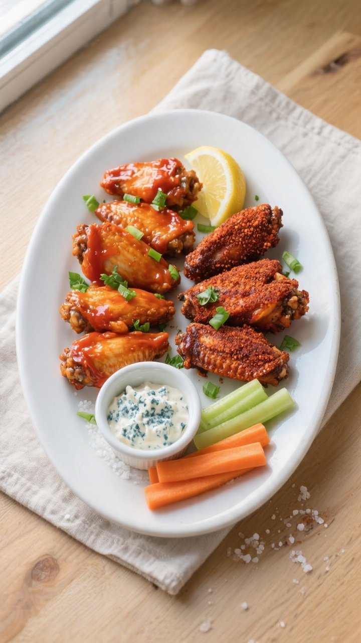 Final dish overhead: Top-down shot of two varieties of finished wings divided on a large white ceram