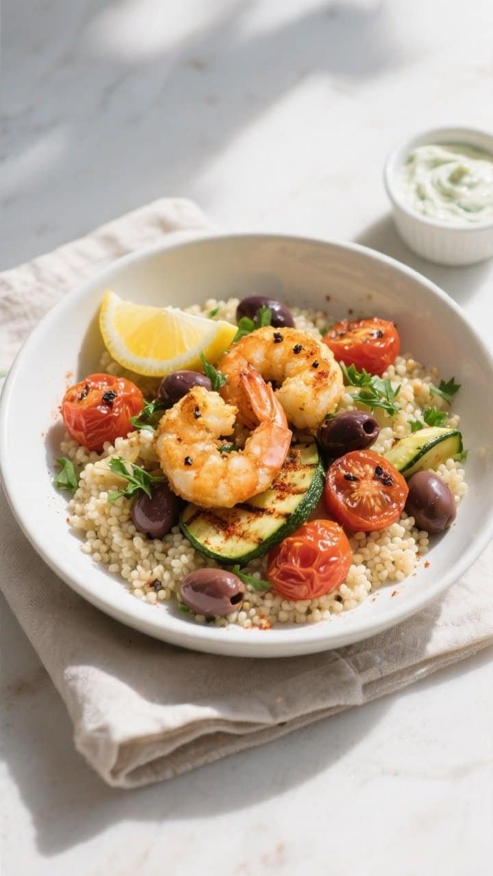 Final dish, tasty top view: Overhead shot of a Mediterranean-inspired shrimp bowl—golden-edged air