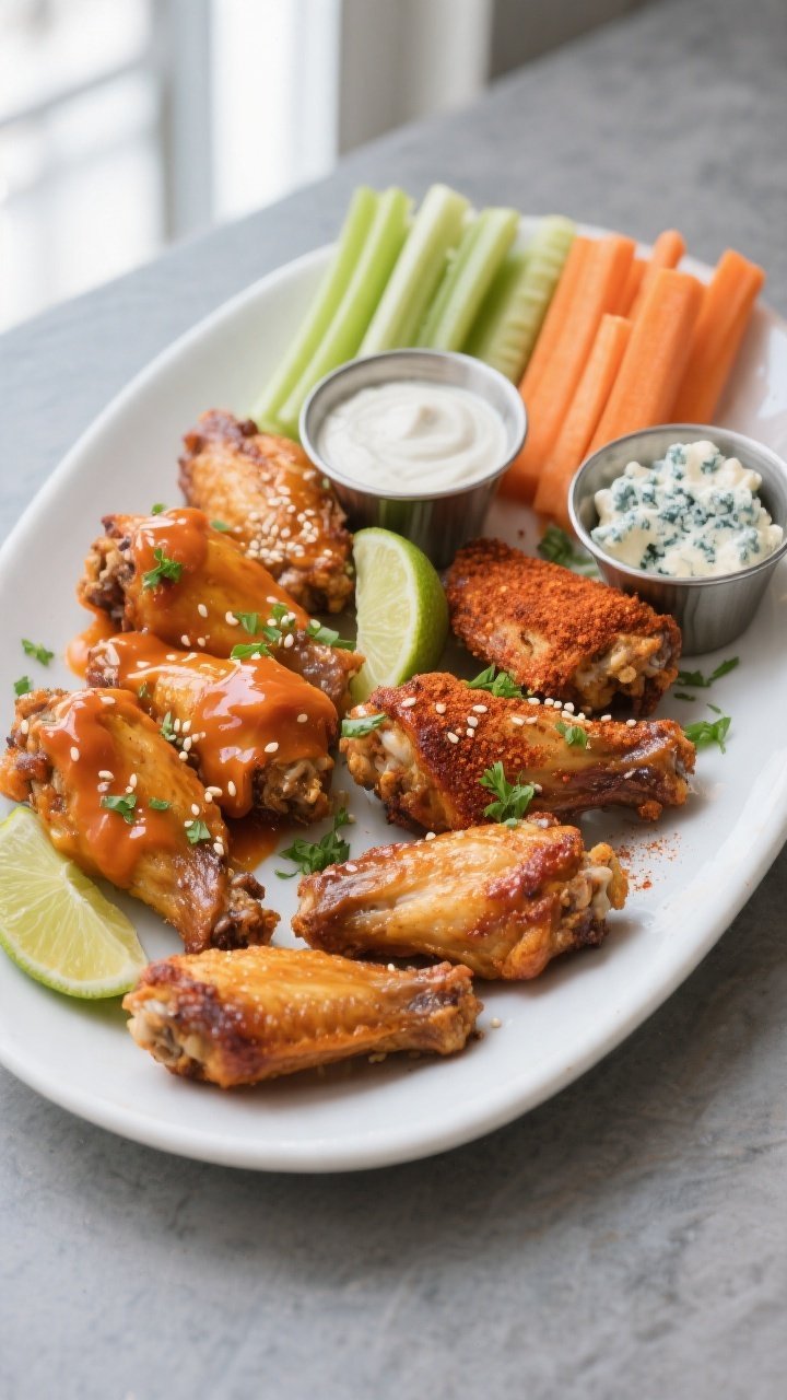 Final dish, tasty top view: Overhead shot of a platter of extra-crispy air-fried chicken wings finis