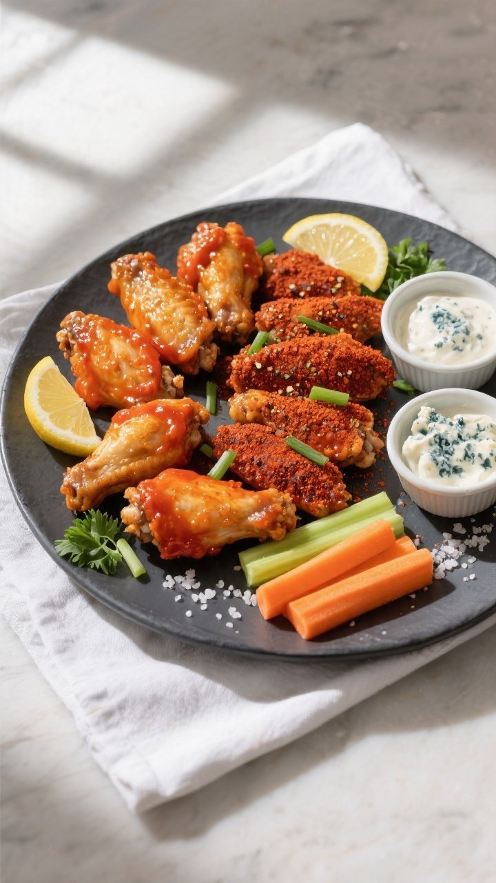 Final dish, tasty top view: Overhead shot of a platter of air-fried chicken wings, half tossed in gl