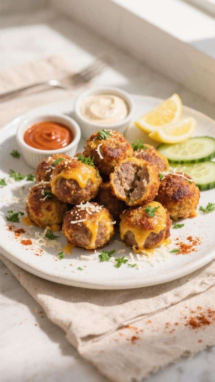 Final dish, tasty top view: Overhead shot of air fryer keto sausage balls piled on a matte white pla