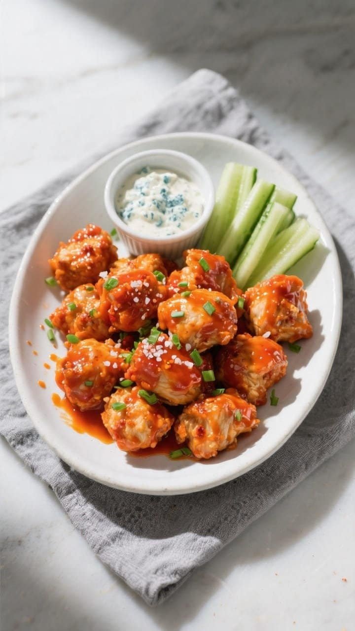 Final dish, tasty top view: Overhead shot of Air Fryer Keto Buffalo Chicken Bites piled in a wide, s