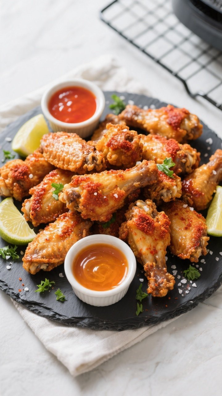 Final dish, tasty top view: Overhead shot of crispy air fryer chicken wings piled on a dark slate pl