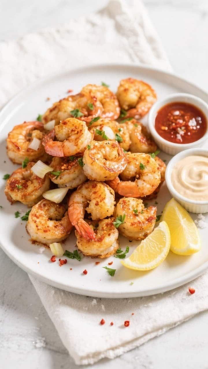 Final dish, tasty top view: Overhead shot of Easy Air Fryer Shrimp Bites piled on a matte white shal