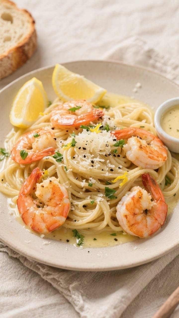 Final dish, tasty top view: Overhead shot of shrimp scampi twirled over al dente linguine, bathed in