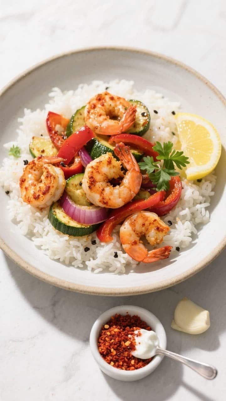 Final dish, tasty top view: Overhead shot of the Easy Shrimp Air Fryer Dinner served on fluffy white