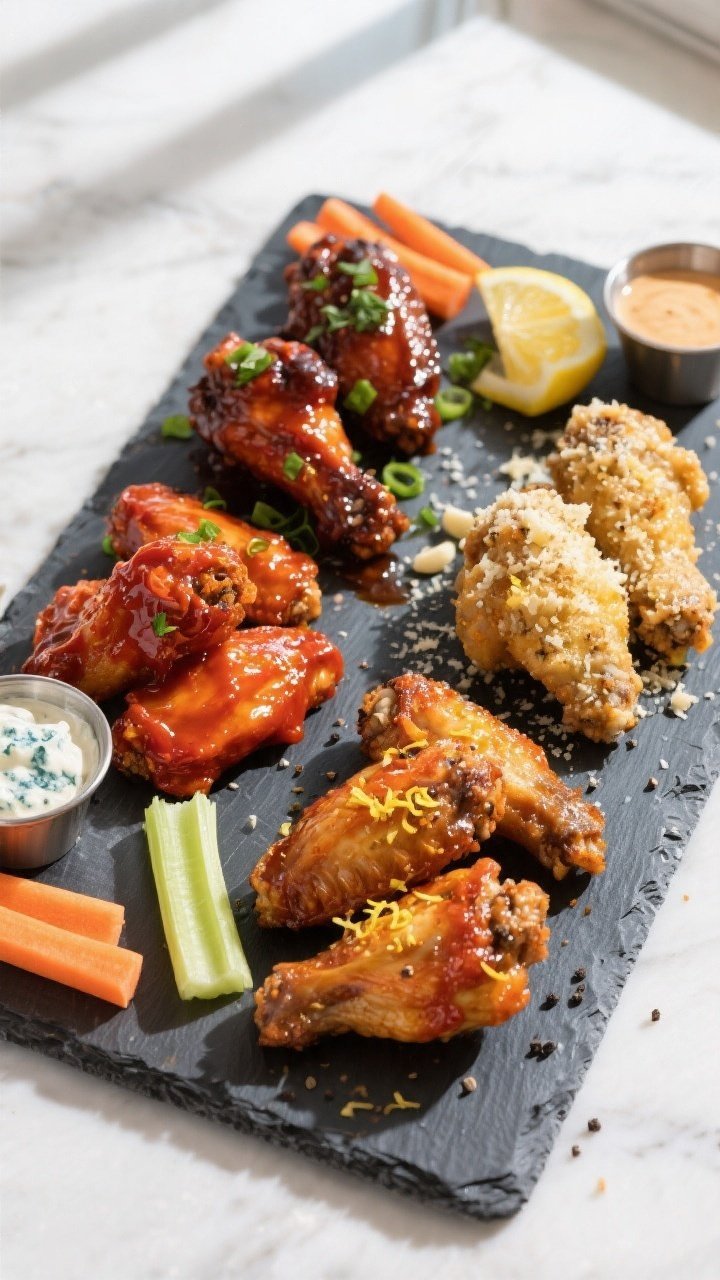 Final dish, top view: Overhead wing sampler board featuring four distinct finishes—Buffalo wings g