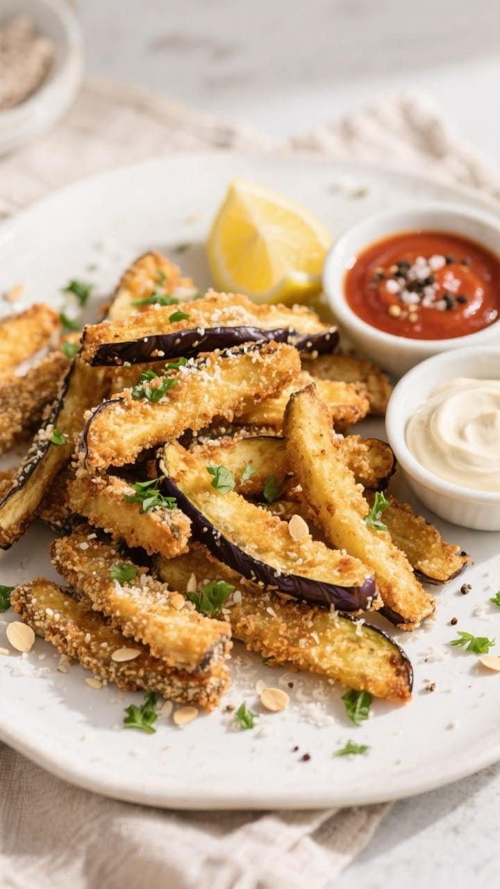 Final plated overhead: Air fryer keto eggplant fries piled on a white ceramic platter, ultra-crispy