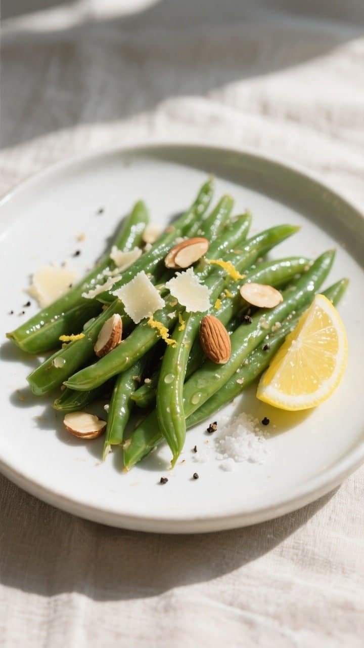 Final plated/overhead: Beautifully plated keto air fryer green beans with garlic on a matte white sh