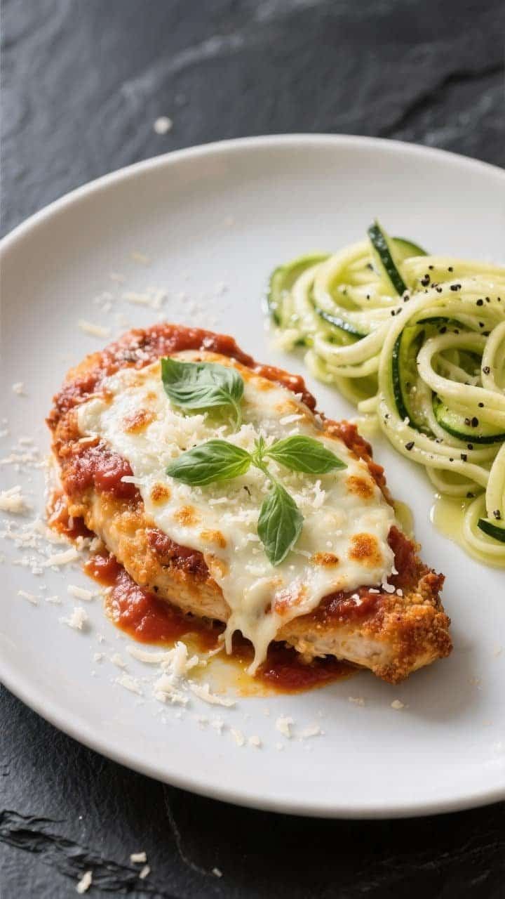 Final plated overhead: Keto Chicken Parmesan finished with a thin layer of thick sugar-free marinara