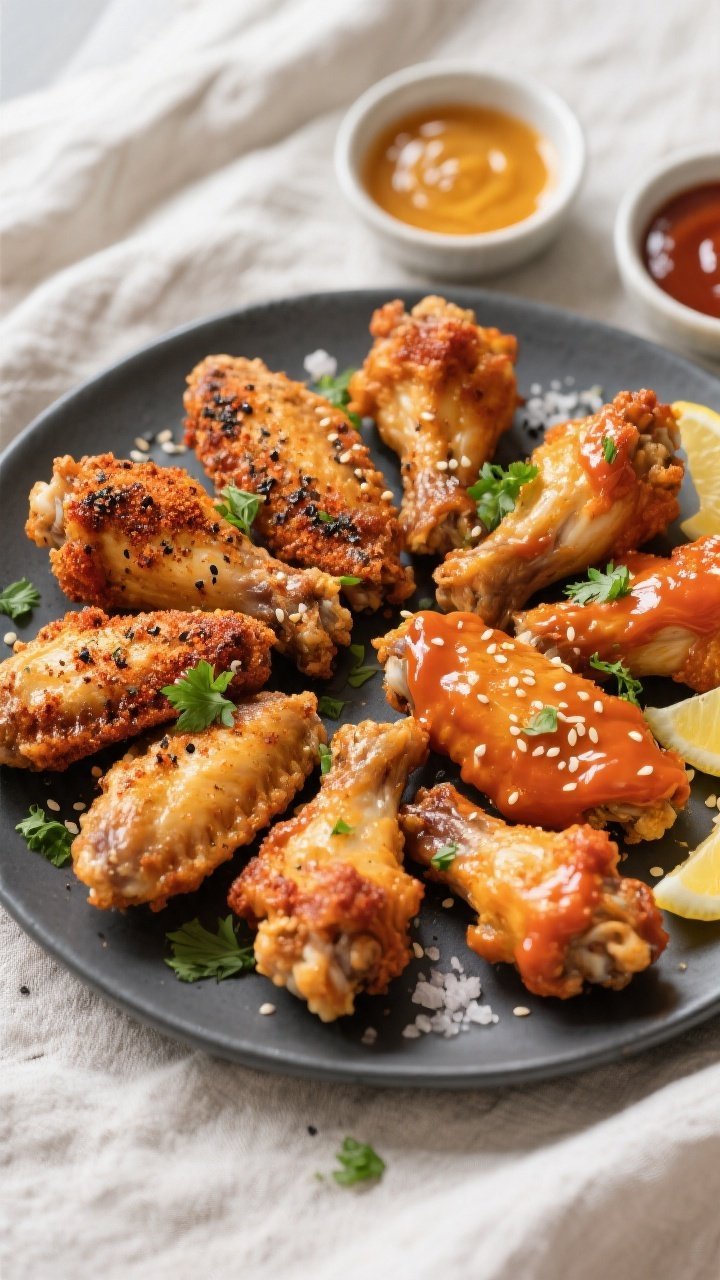 Final plated overhead: Overhead shot of a platter of ultra-crispy air fryer chicken wings, half dry-