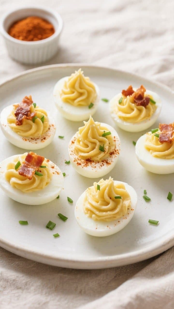 Final plated overhead: Overhead shot of keto air fryer deviled eggs arranged on a matte white platte