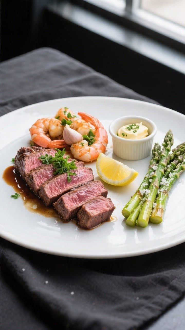 Final plated/overhead presentation: Overhead shot of sliced medium-rare New York strip fanned agains