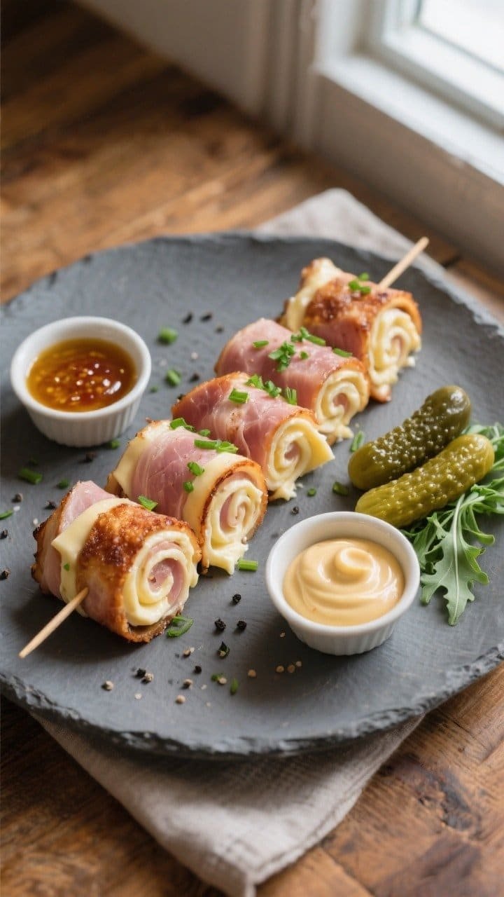 Final plated overhead shot: Beautifully arranged Keto Ham and Cheese Roll Ups on a matte slate-gray
