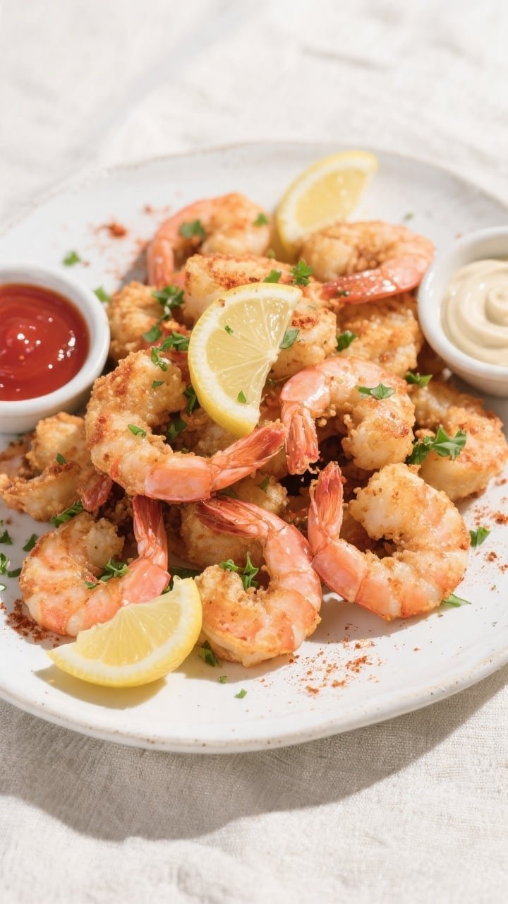 Final plated overhead: Tasty top-down shot of air-fried shrimp piled on a white ceramic plate, finis