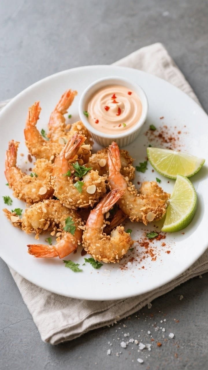 Final plated overhead: Tasty top-view of a round white plate piled with crispy keto air fryer coconu