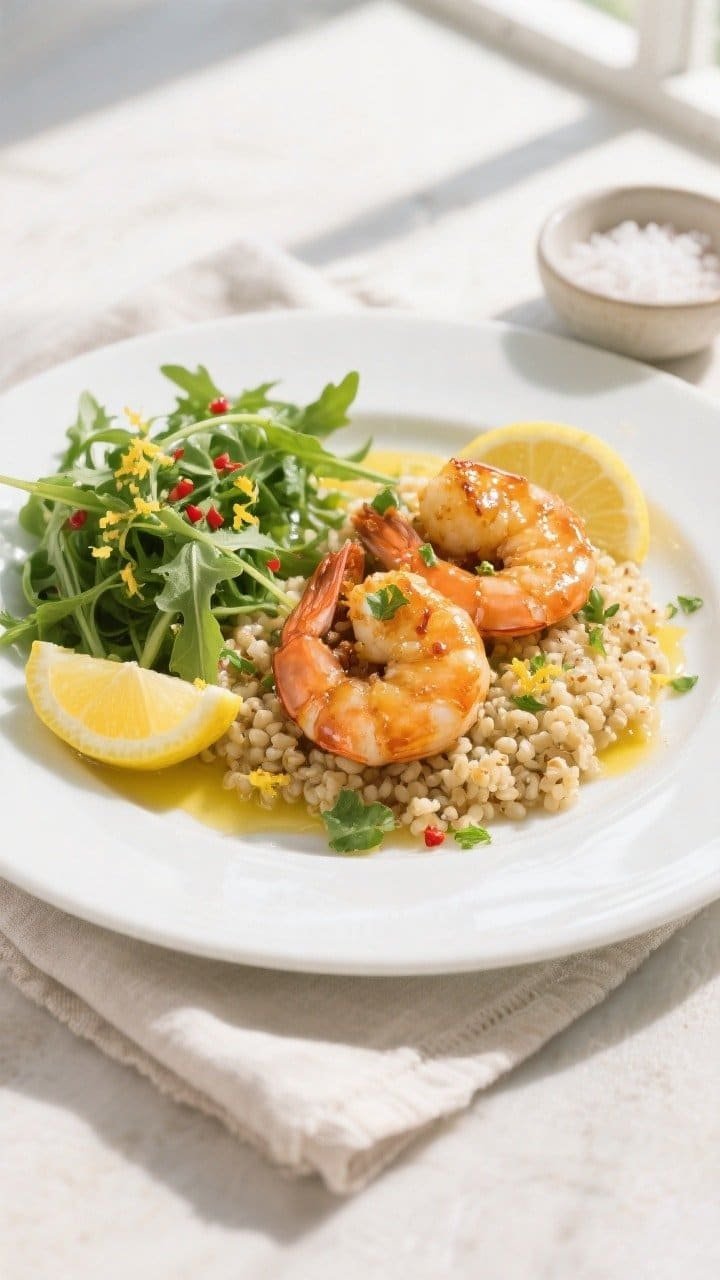 Final plated overhead: Tasty top-view of Healthy Lemon Shrimp plated over warm quinoa with a side of