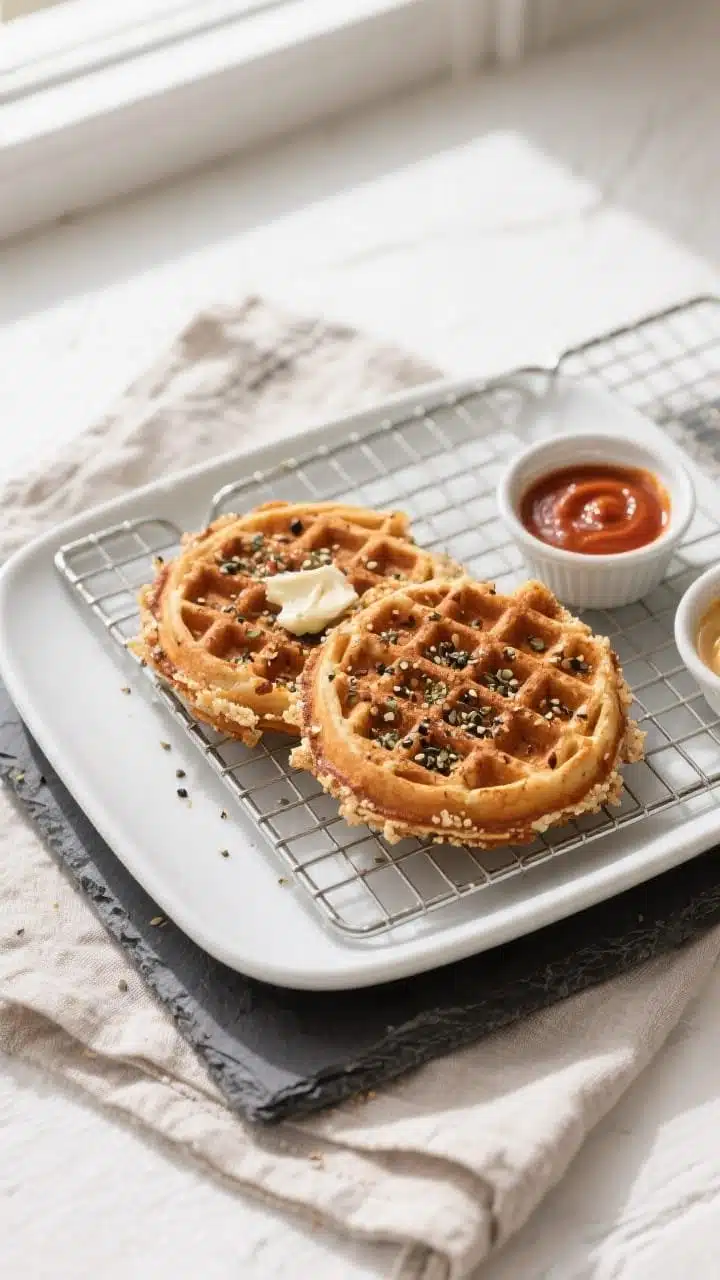 Final plated overhead: Two air-fried keto chaffles resting on a wire rack over a slate board, then s