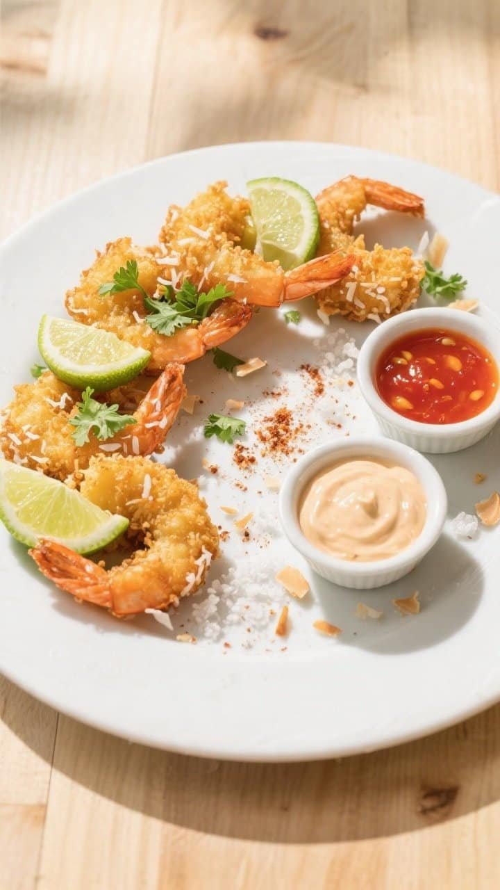 Final plated, tasty top view: Overhead shot of a restaurant-quality plate of coconut shrimp arranged
