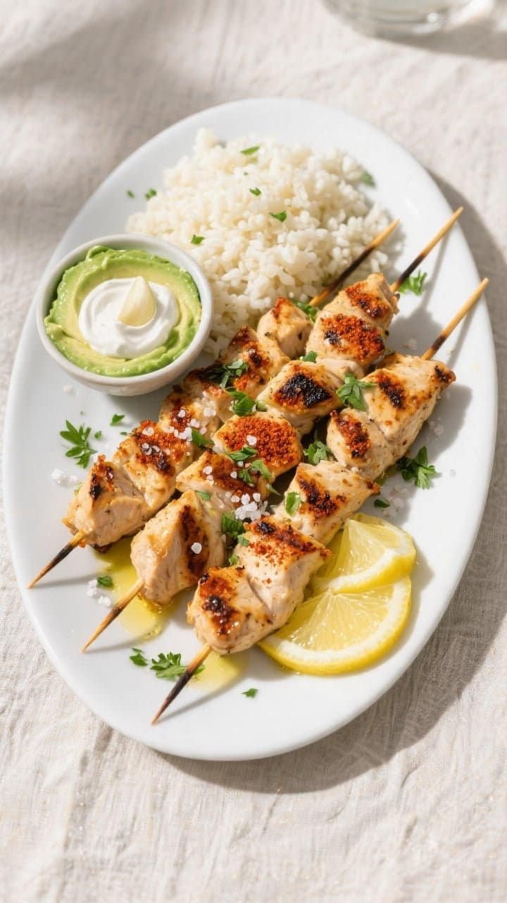 Final plated, tasty top view: Overhead shot of finished Air Fryer Keto Chicken Skewers arranged on a