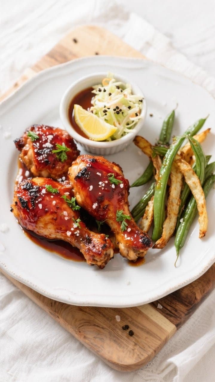 Final plated, tasty top view: Overhead shot of keto air fryer BBQ chicken thighs plated on a white c