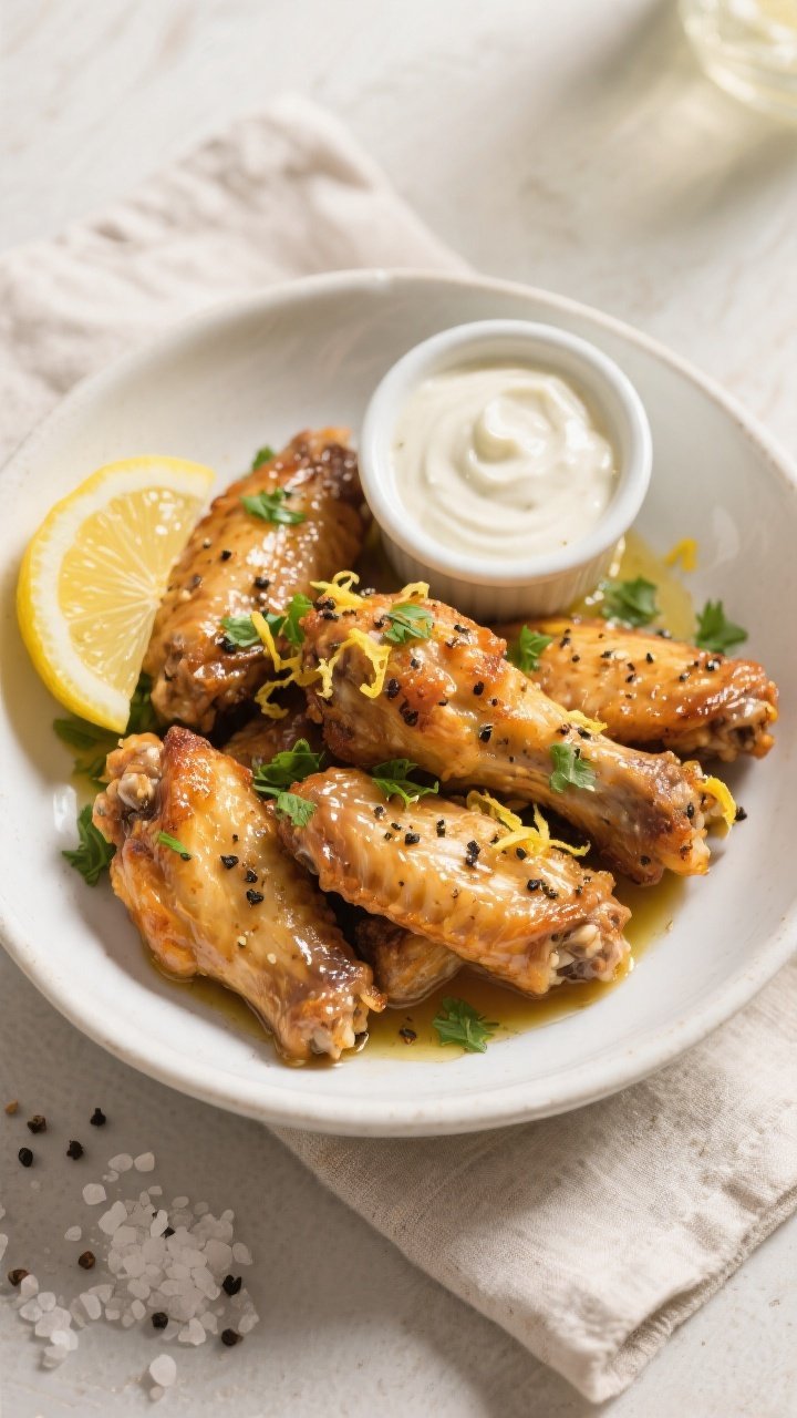 Final plated, tasty top view: Overhead shot of lemon pepper chicken wings freshly tossed in glossy l