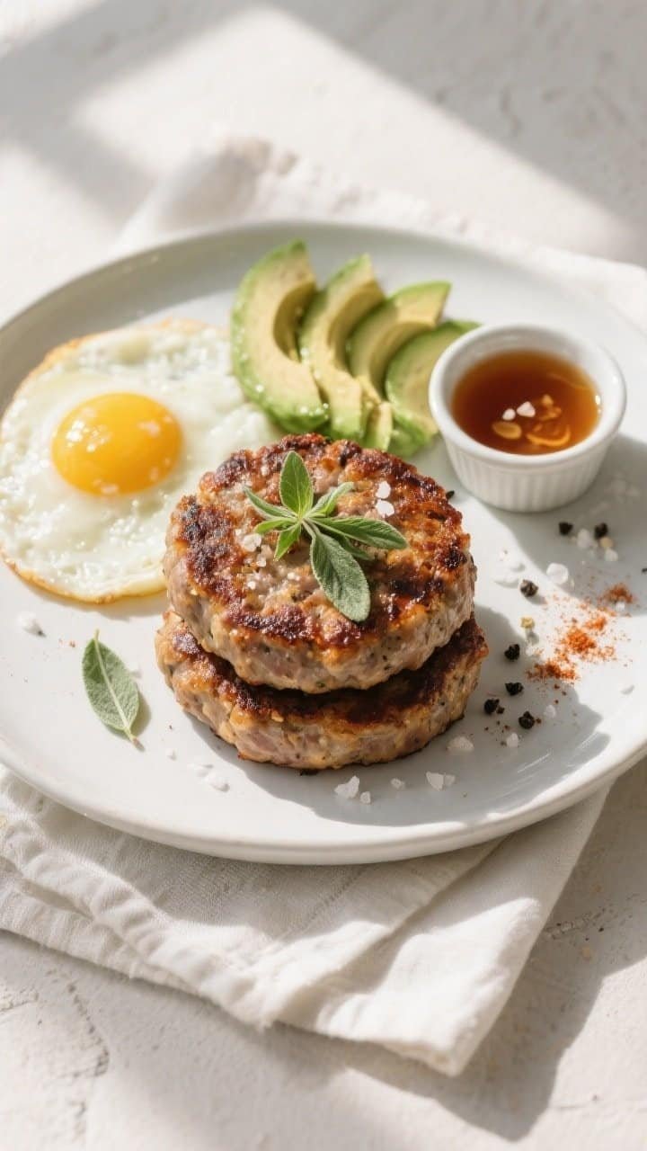 Final plated, tasty top view: Overhead shot of perfectly cooked keto sausage patties (deep carameliz