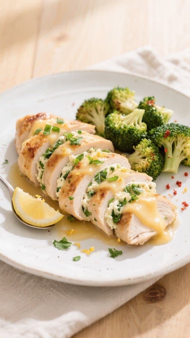 Final plated, tasty top view: Overhead shot of sliced air fryer keto cream cheese stuffed chicken fa