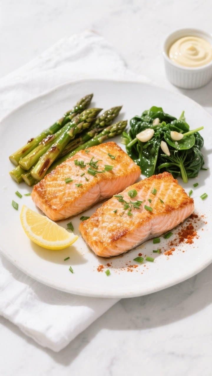 Final plated/top-down presentation: Overhead shot of Keto Air Fryer Crispy Skin Salmon plated restau