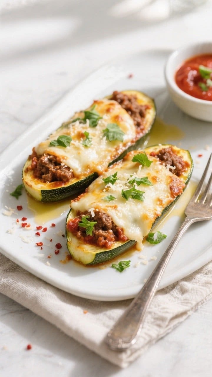 Final plated, top view: Overhead shot of two keto stuffed zucchini boats on a white ceramic platter,