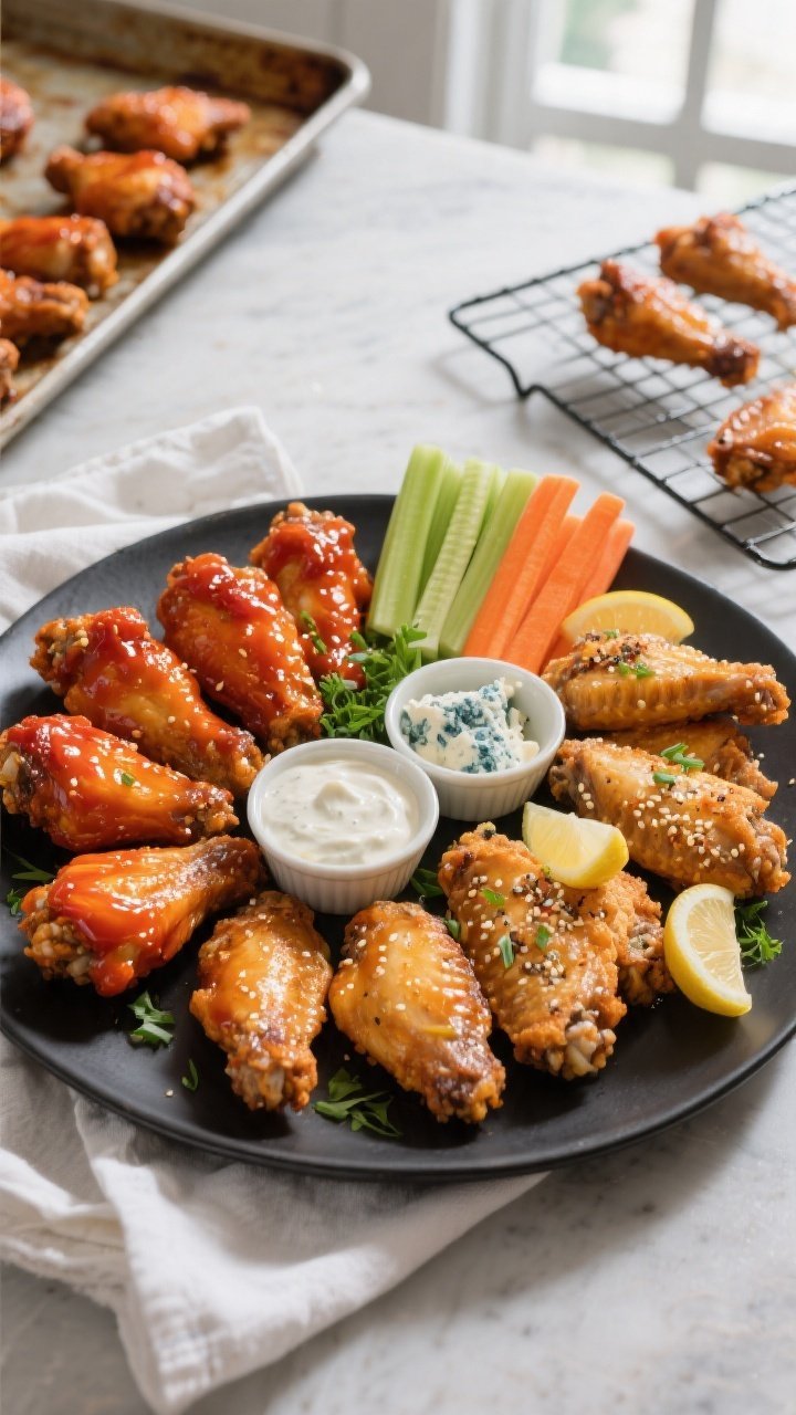 Final platter — Overhead party spread of crispy air-fried chicken wings finished three ways on a l