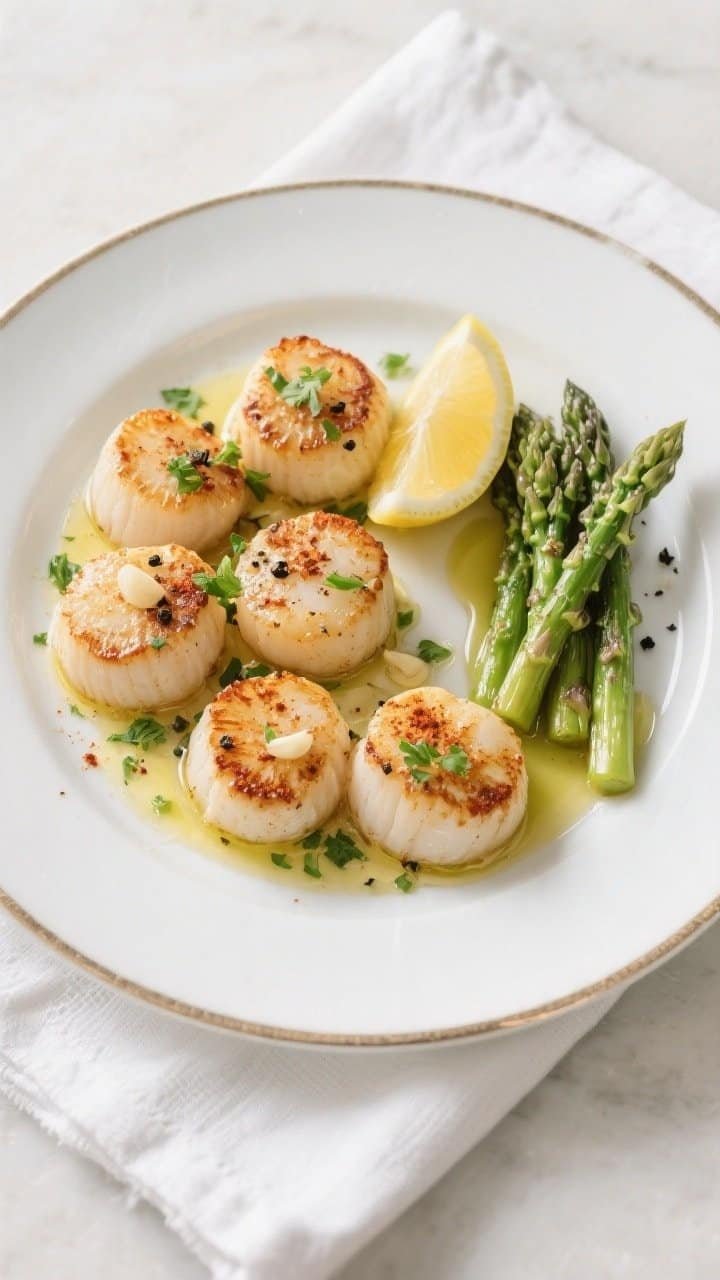 Overhead final plating: Elegant restaurant-style plate of keto garlic butter scallops arranged in a 