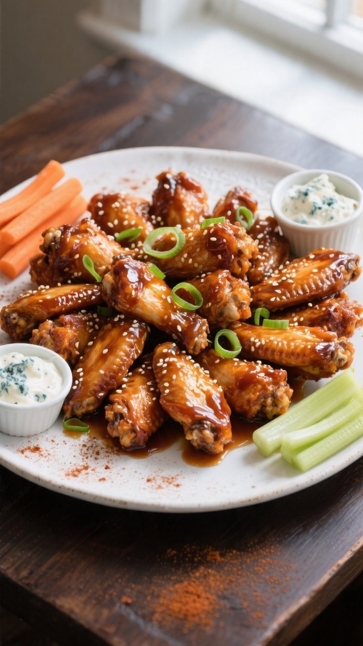 Overhead final presentation: a heaping platter of Sticky Honey BBQ Air Fryer Chicken Wings arranged