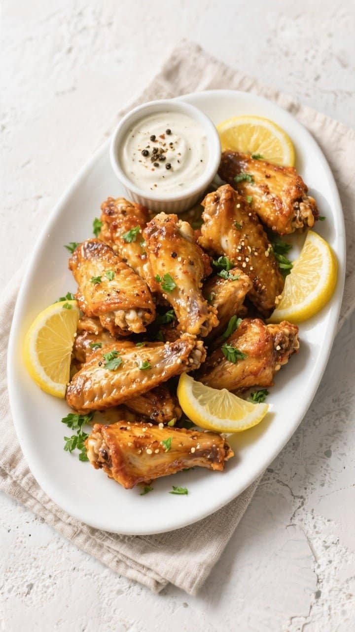 Overhead final presentation: A platter of keto lemon pepper wings piled high on a white ceramic oval