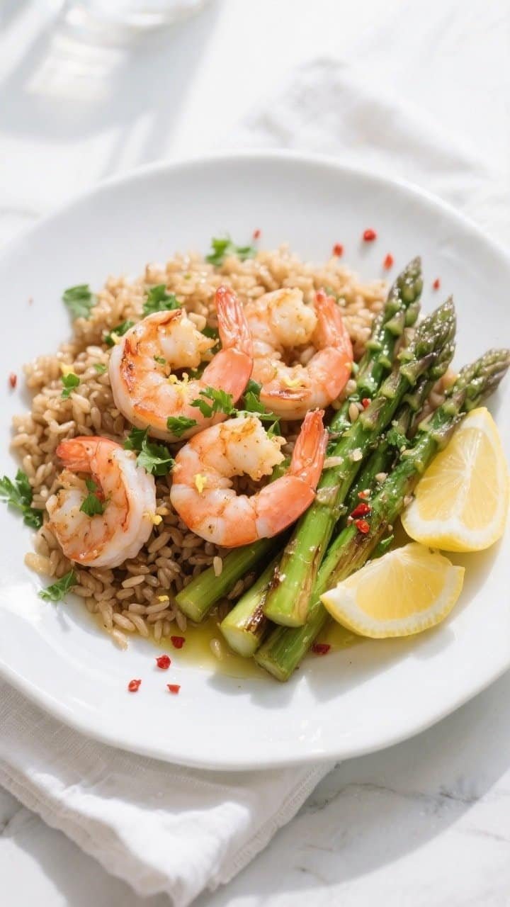 Overhead final presentation: Beautifully plated Healthy Garlic Shrimp on a white ceramic plate over 