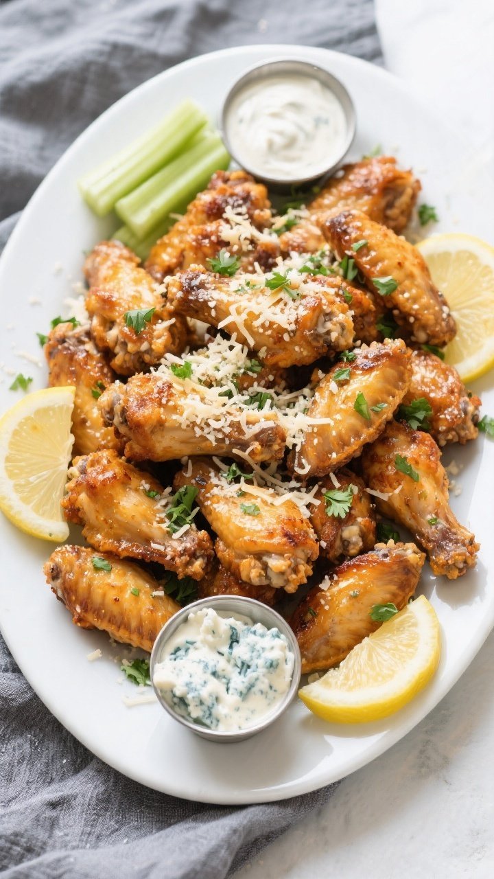 Overhead final presentation: Large platter of Garlic Parmesan Air Fryer Wings arranged in a tight he