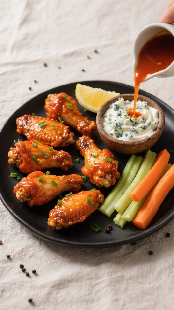 Overhead final presentation of Buffalo wings plated on a matte black platter, evenly coated and glis