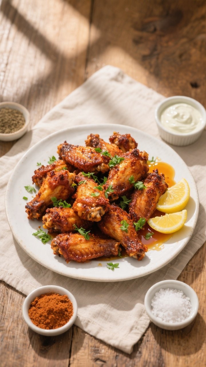 Overhead final presentation of dry-rubbed air fryer chicken wings on a white ceramic platter: genero