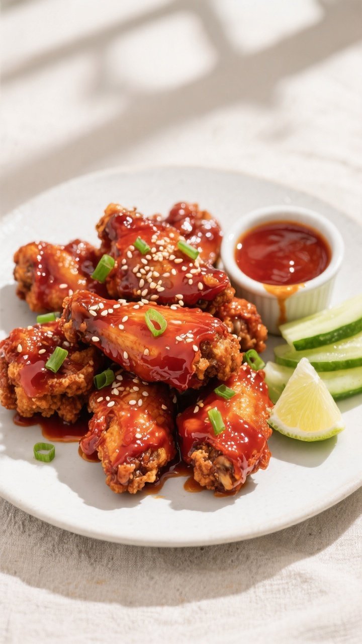 Overhead final presentation of Korean fried chicken wings tossed in a glossy gochujang glaze: deep r
