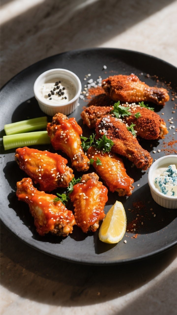 Overhead final presentation of two varieties of wings on a matte charcoal platter: half tossed in cl