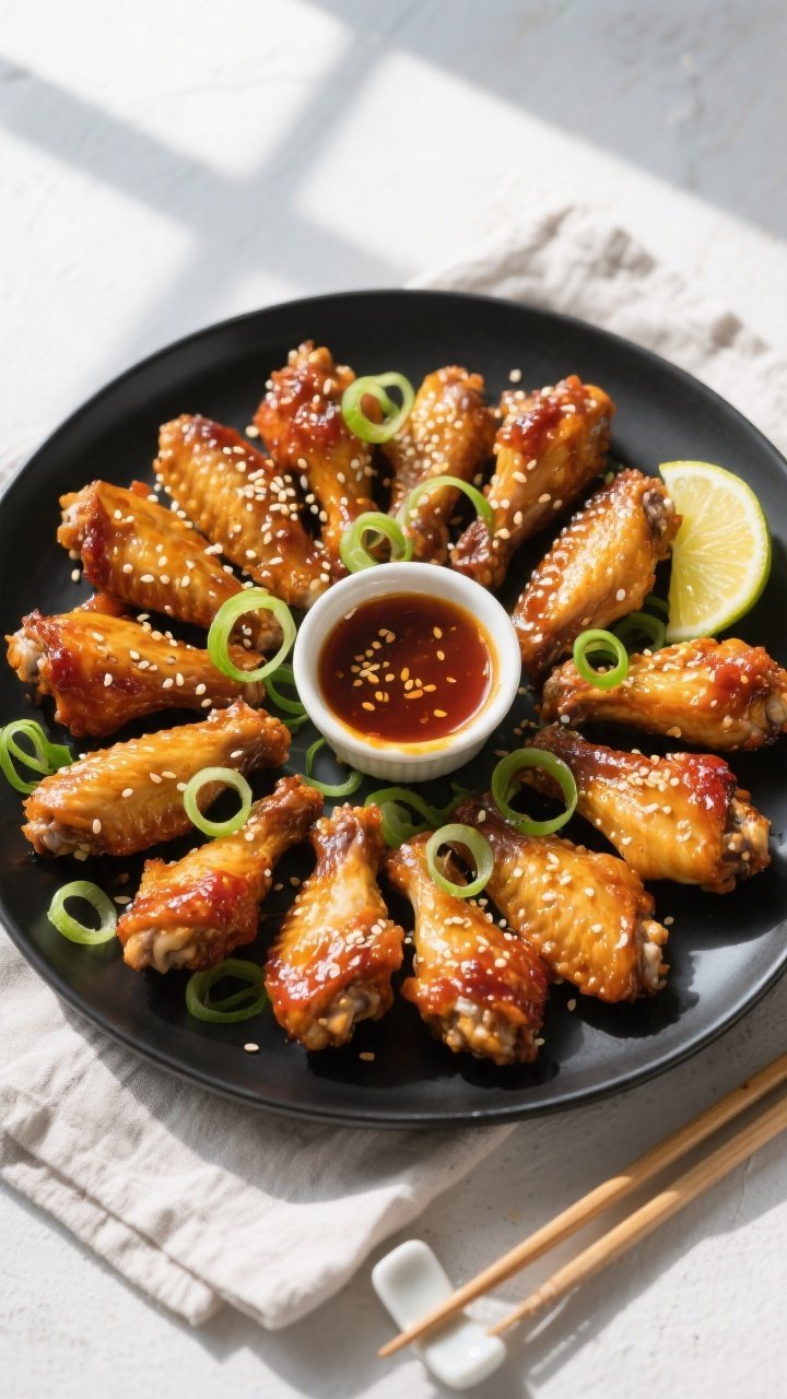 Overhead final presentation: Sweet and Spicy Air Fryer Chicken Wings arranged in a tight, spiral on 