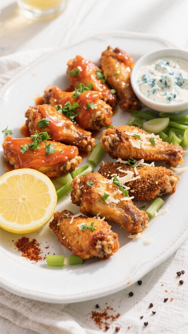 Tasty top-down final presentation: Overhead shot of a game-day platter of air fryer chicken wings pr